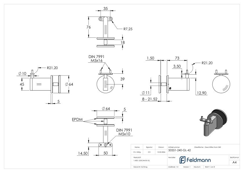Sensa Design 2, für Rohr 42,4mm, für Montage an Glas, V2A
