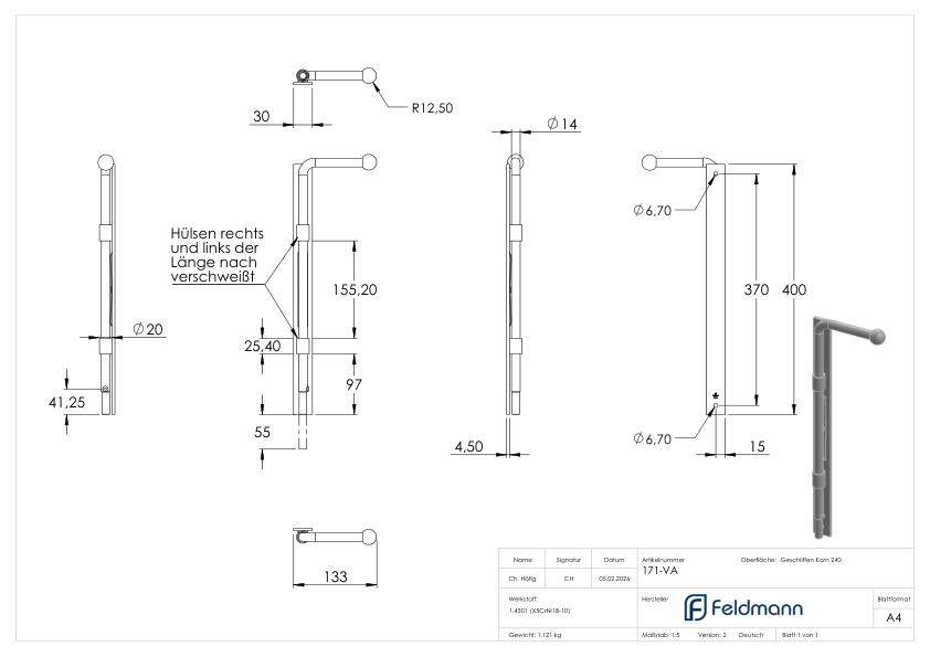 Torriegel zum Anschrauben, Ø 14mm, V2A