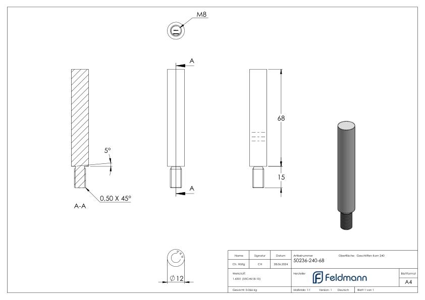 Stift Ø 12mm, L: 68mm, V2A