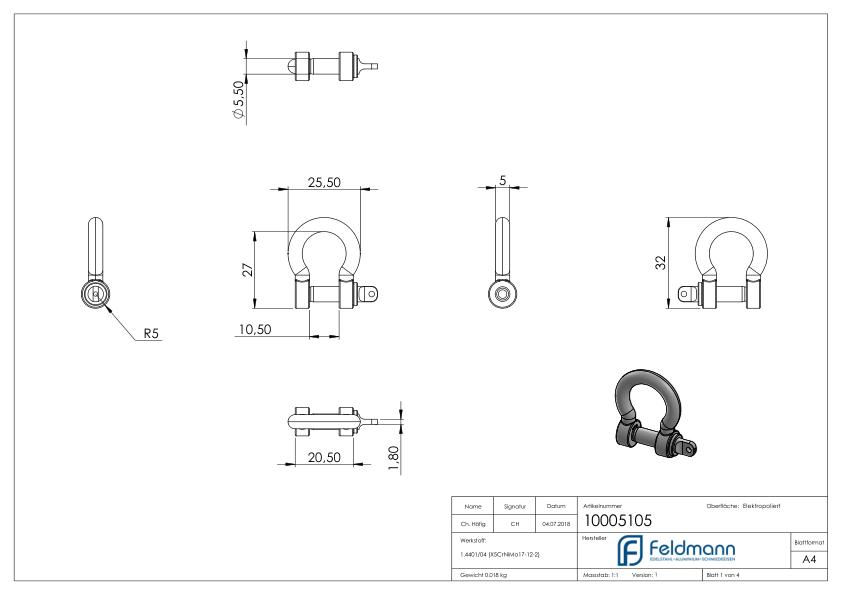 Gebogener Schäkel, M5, V4A