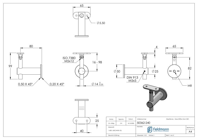 Handlaufhalter mit Gelenk, Handlaufanschlussplatte flach, V2A