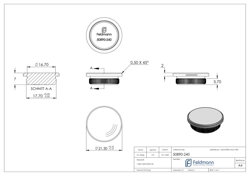 Stopfen, für Rohr 21,3 x 2,0mm, V2A