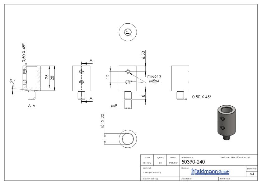 Steckstück für Handlaufhaltering, V2A