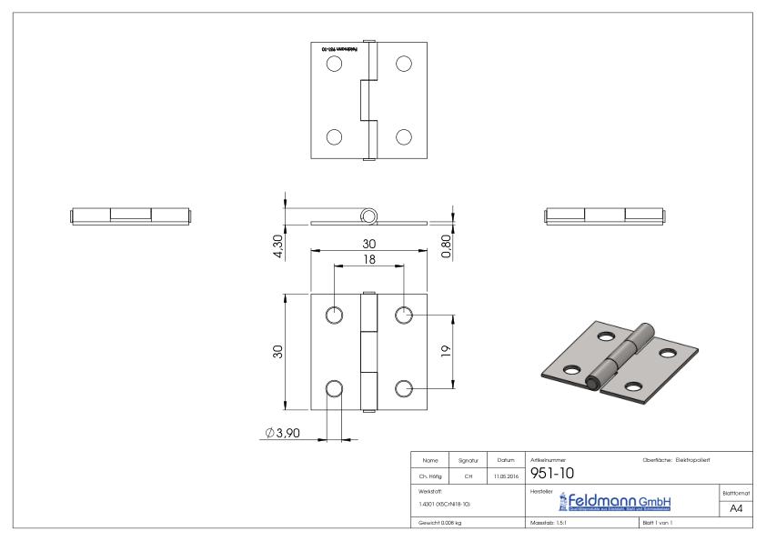 Edelstahl-Scharnier 30x30mm mit festem Zapfen