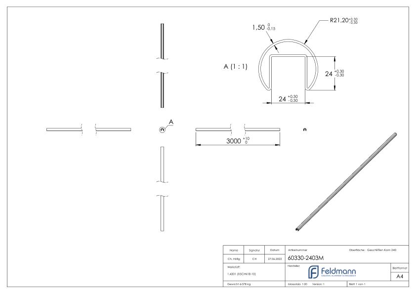 Nutrohr 42,4x1,5 mm, L: 3000mm, V2A