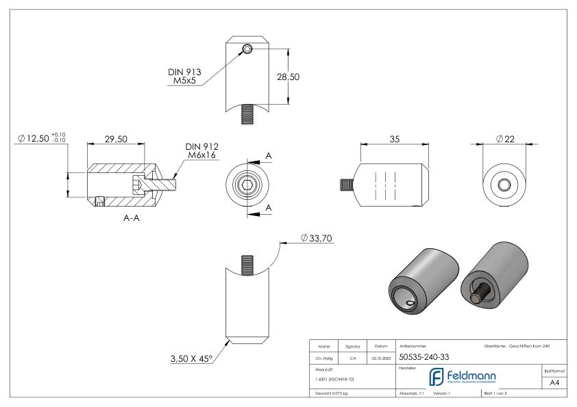 Querstabhalter zum Stoßen, Bohrung Ø 12,5mm, Anschluss 33,7mm, V2A