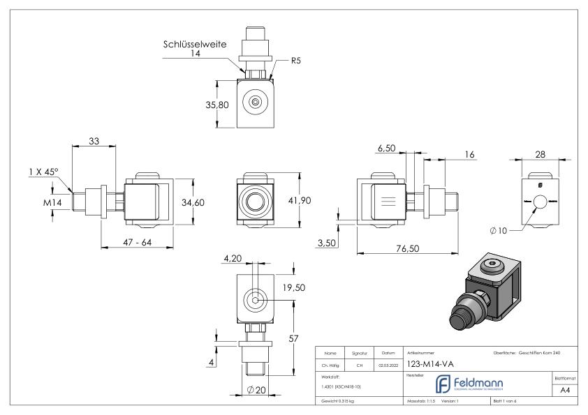 Verstellbares Torband mit Gewindehülse M14, V2A