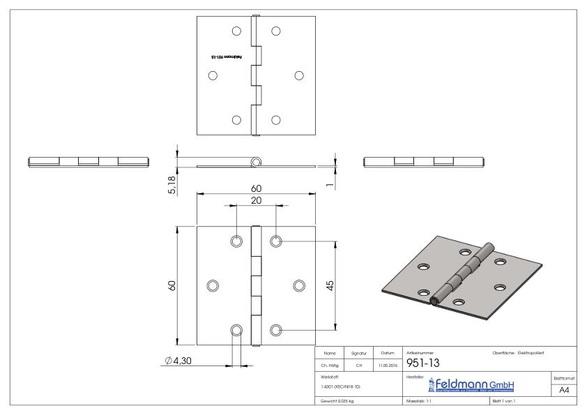 Edelstahl-Scharnier 60x60mm mit festem Zapfen