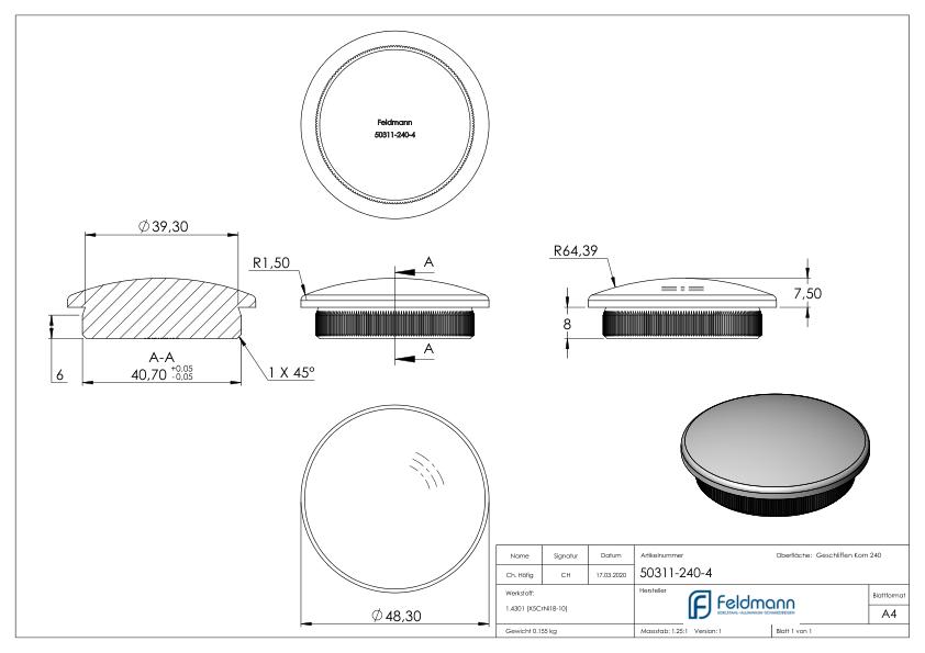 Rohrabschlussstopfen, für Rohr 48,3x4,0mm, V2A