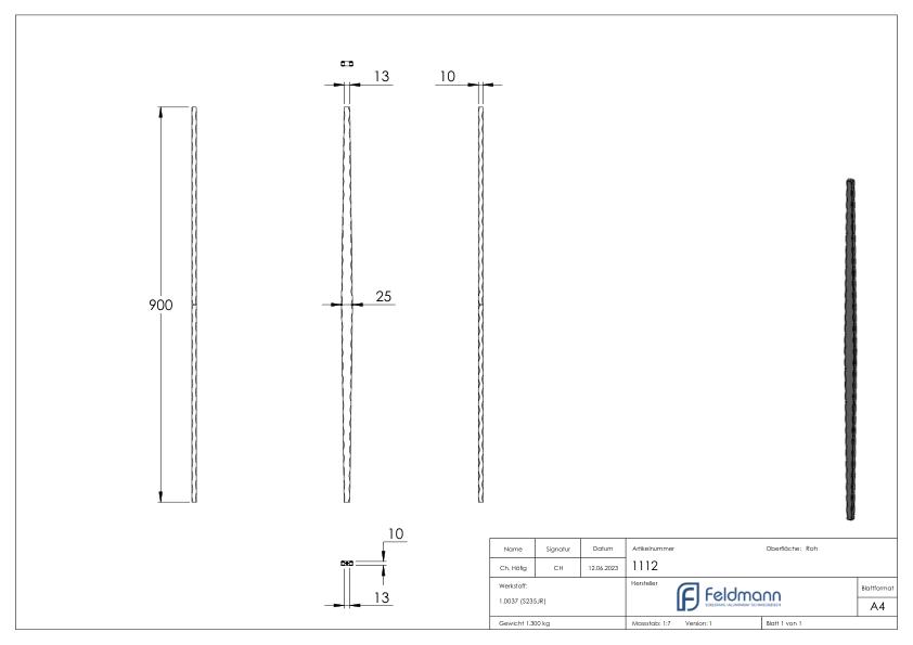 Zwischenstab 13x10mm, gehämmert, H: 900mm