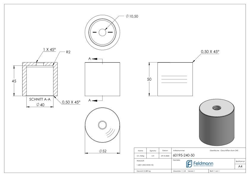 Unterteil Ø 52 mm, mit Durchgangsbohrung , t: 50mm, V2A