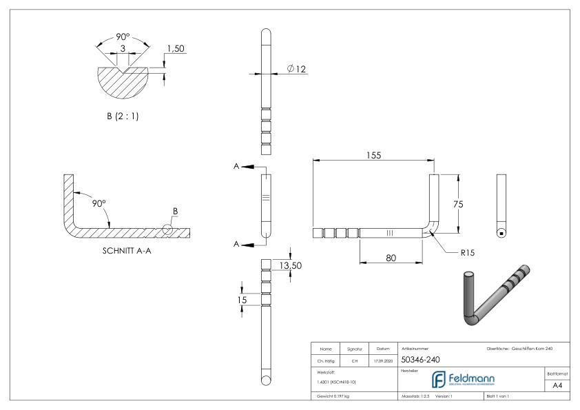 Handlaufhalter zum Einbetonieren, Bügel 12mm, V2A