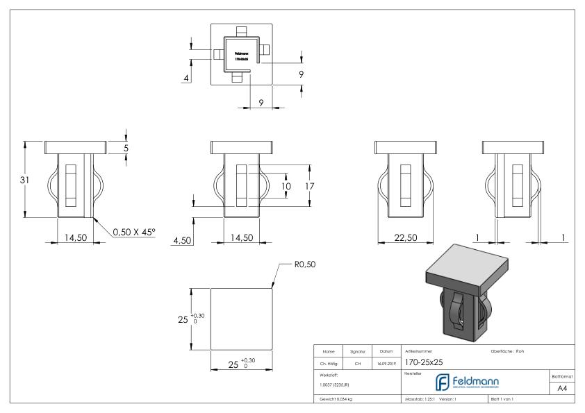 Stahleinschlagkappe, für Quadratrohr 25x25mm
