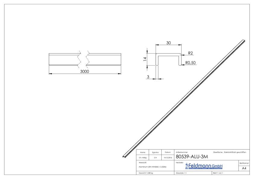 Aluminium-U-Profil, 30x14x3mm, L: 3000mm