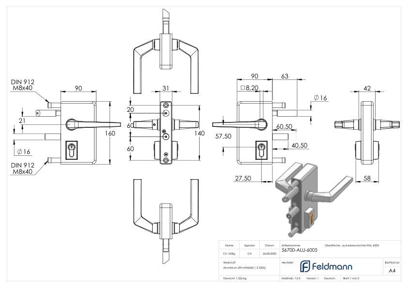 Gittertorschloss GTS 2 für Rohrstärke 40-60mm, Gehäuse RAL 6005 moosgrün