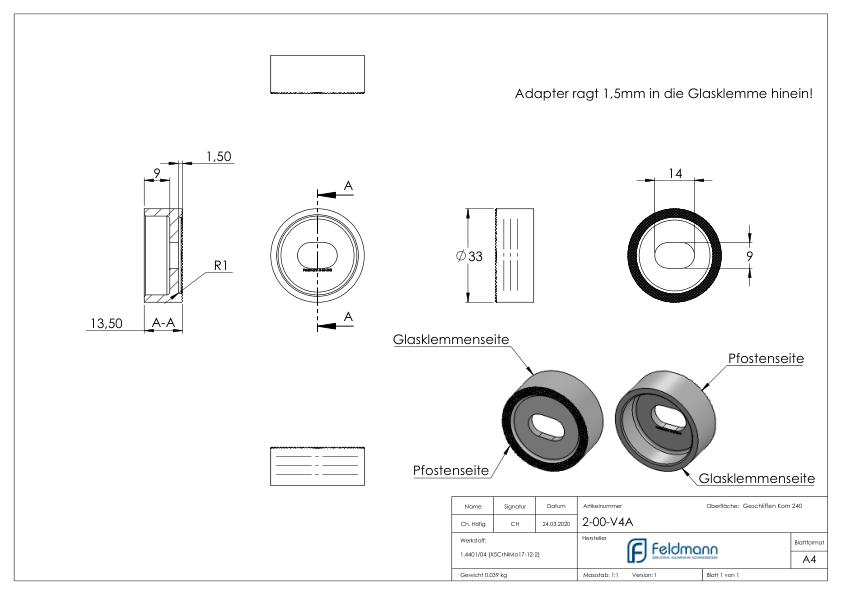 Adapterstück für geraden Anschluss, V4A Adapterstück für geraden Anschluss, V4A