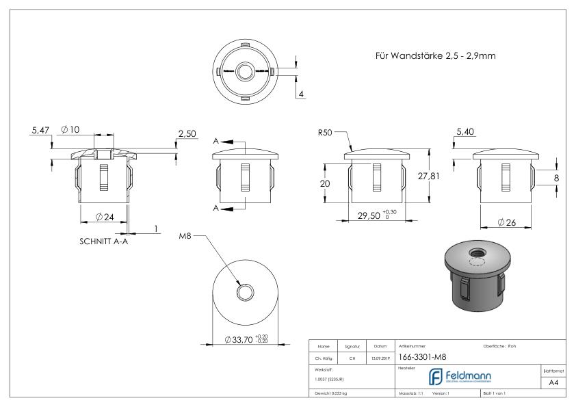 Stahleinschlagkappe, für Rohr 33,7mm