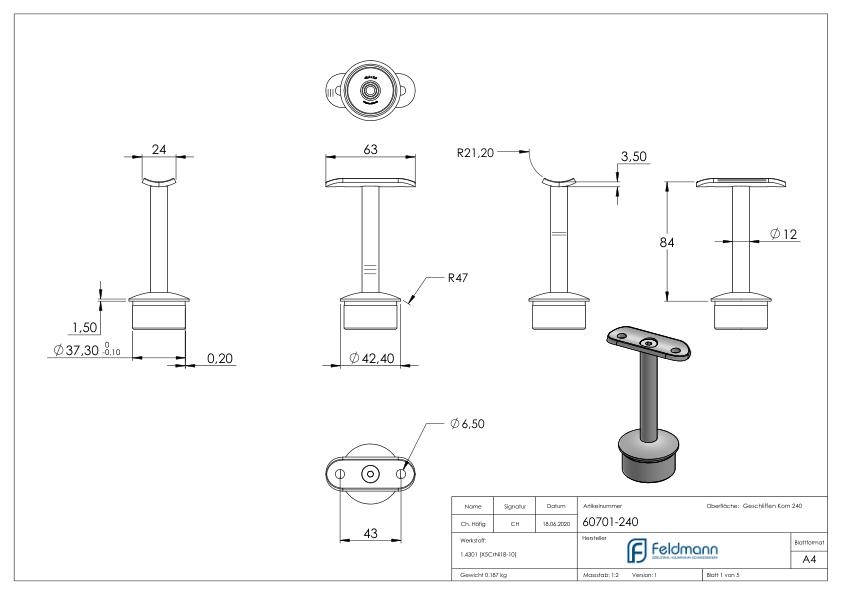 Rohrabschlussstopfen für Rohr 42,4x2,5mm, Handlaufanschlussplatte: 42,4mm, V2A
