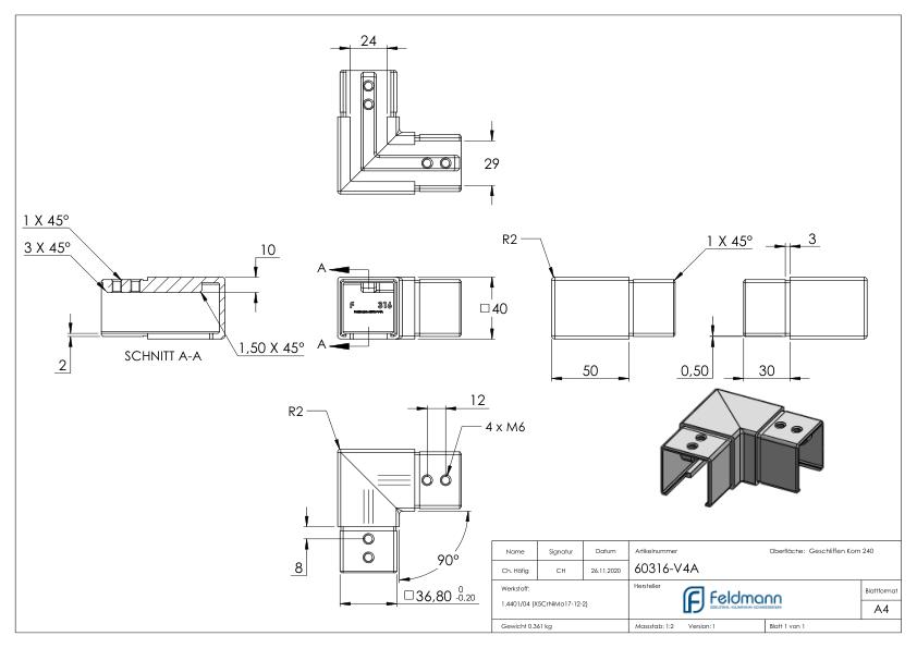 Eckbogen, horizontal, für Nutrohr 40x40mm, V4A