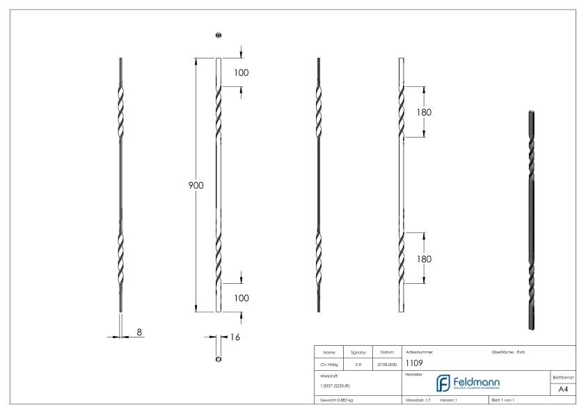 Zwischenstab 16x8mm, gerillt, H: 900mm