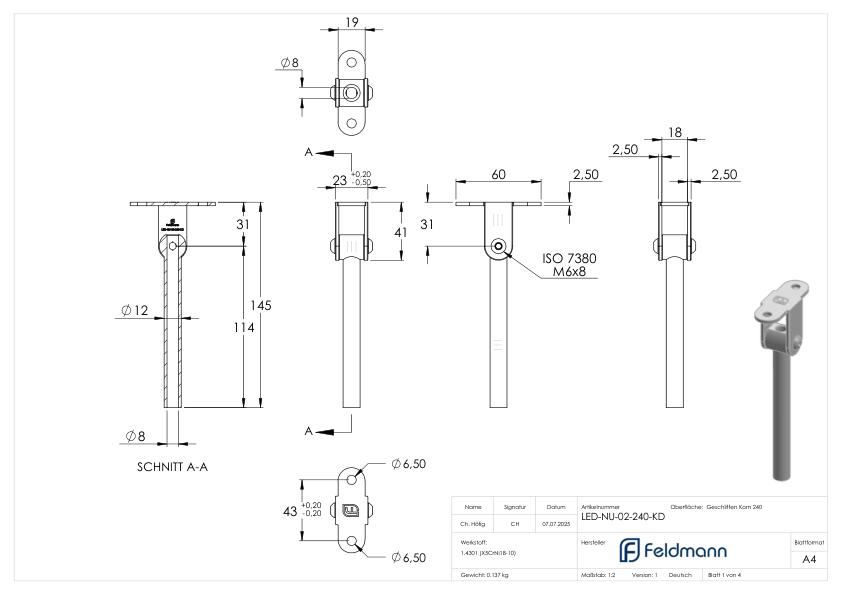 Stift mit Anschlussplatte und Gelenk für LED-Handlauf, V2A