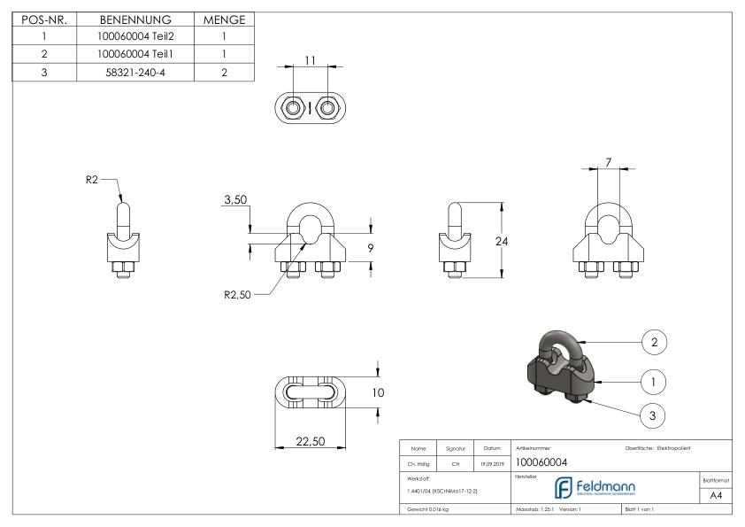 Drahtseilklemmen für Seil 4mm, V4A