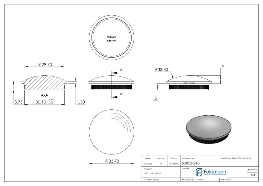 Rohrabschlussstopfen, für Rohr 33,7x2,0mm, V2A