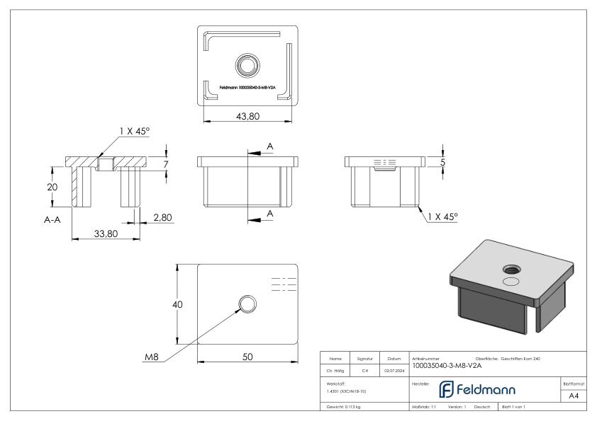 Einsteckkappe, für Rohr 50x40x3,0mm, V2A