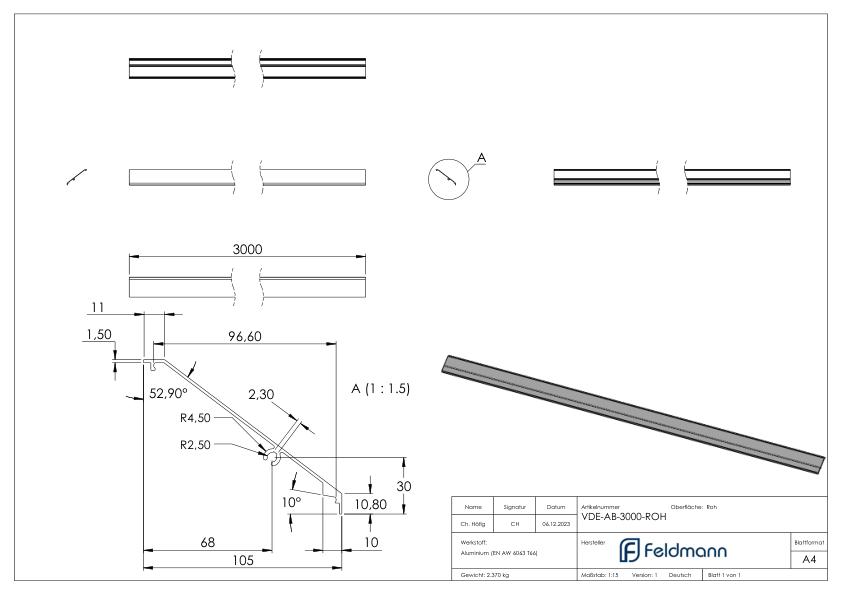 Design-Abdeckung für eleganza canopy, L: 3000mm, Aluminium roh Design-Abdeckung für eleganza canopy, L: 3000mm, Aluminium roh