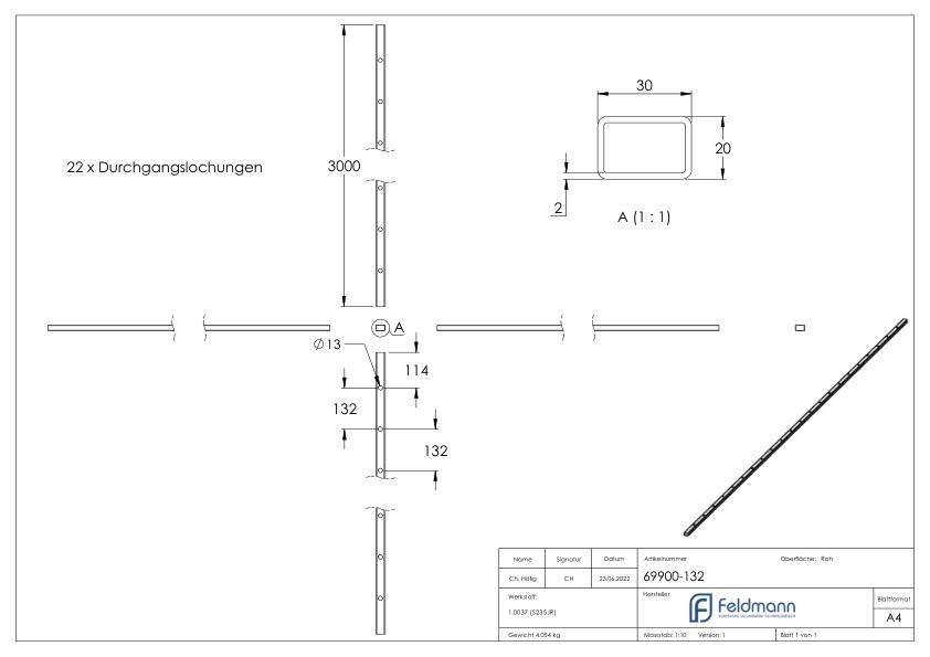 Rechteckrohr S235JR, 30x20x2mm, Löcher für Ø 13mm mit Abstand Mitte-Mitte 132mm, L: 3000mm