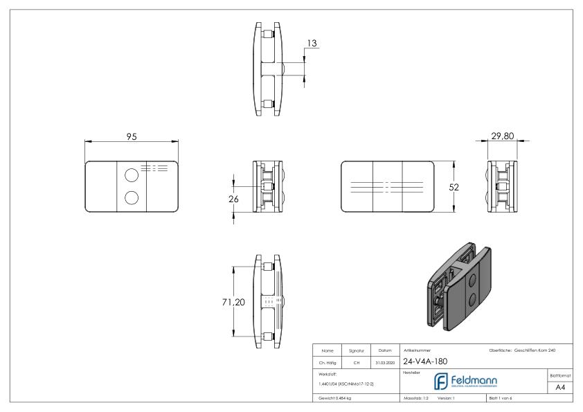 Glasklemme 180° Mod. 24, V4A