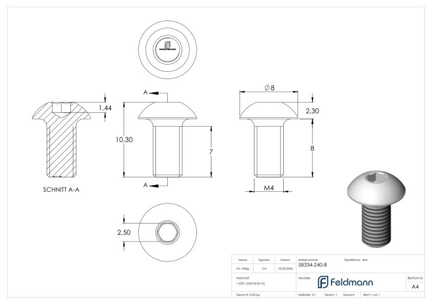 Flachkopfschraube mit Innensechskant M4x8, V2A, ISO 7380, einzeln