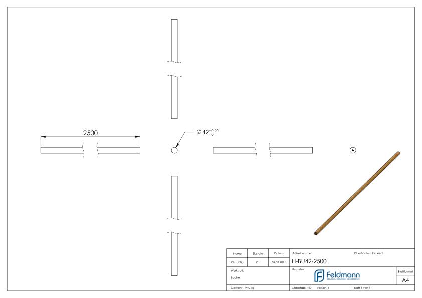 Holzhandlauf Buche, Ø42mm, L: 2500mm Holzhandlauf Buche, Ø42mm, L: 2500mm