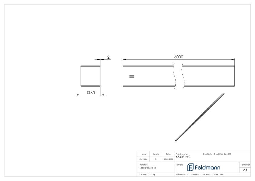 Quadratrohr, 60x60x2,0mm, L: 6000mm, V2A