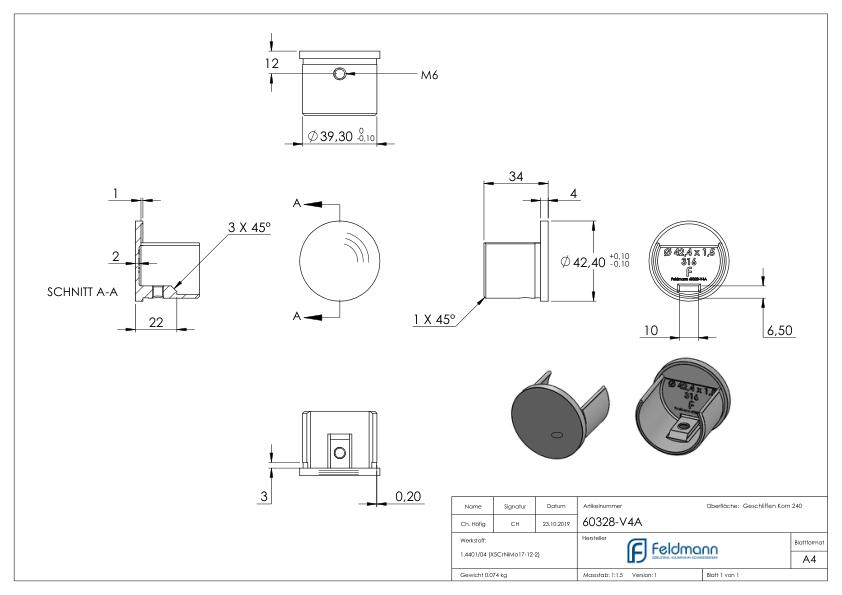 Endkappe, flach, für Nutrohr 42,4mm, V4A