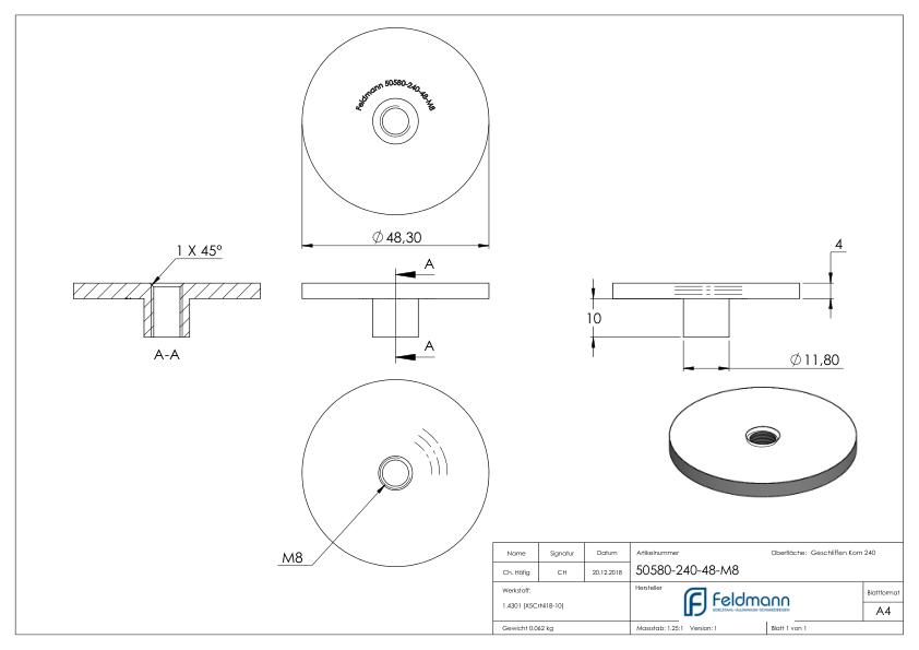 Platte, Ø 48,3mm, zum Aufschweißen, V2A