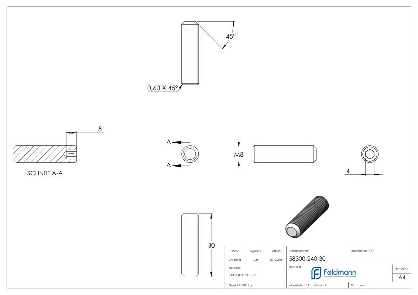 Gewindestift M8x30, V2A, DIN 913 / ISO 4026 Gewindestift M8x30, V2A, DIN 913 / ISO 4026