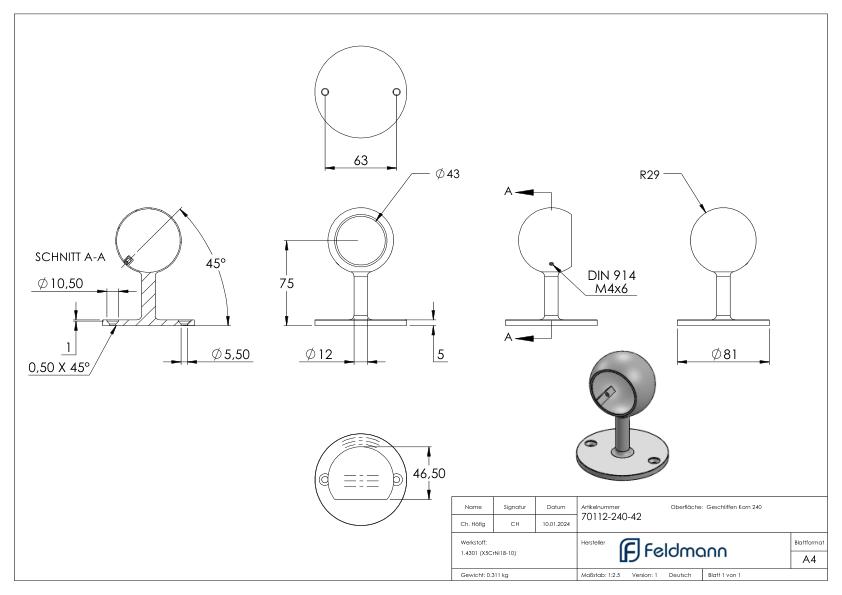 Rohrendhalter, für Rohr 42,4mm, V2A Rohrendhalter, für Rohr 42,4mm, V2A