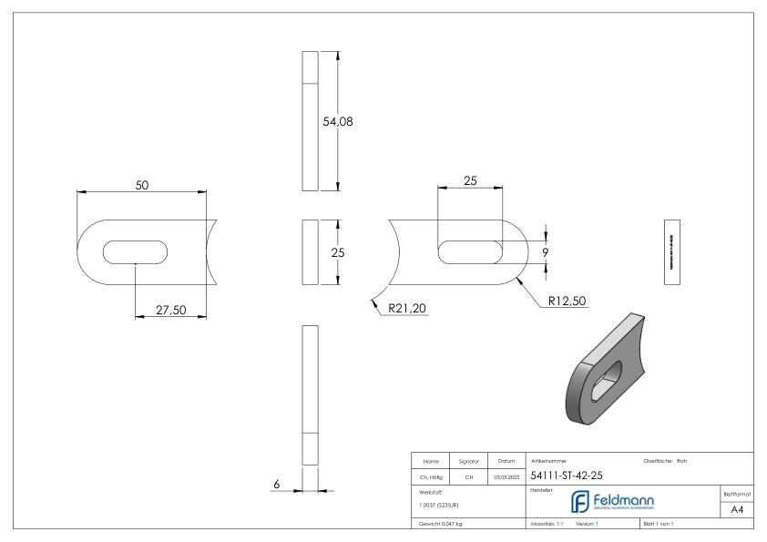Anschweißlasche 50x25x6mm mit Langloch 25x9mm, Anschluss 42,4mm Anschweißlasche 50x25x6mm mit Langloch 25x9mm, Anschluss 42,4mm
