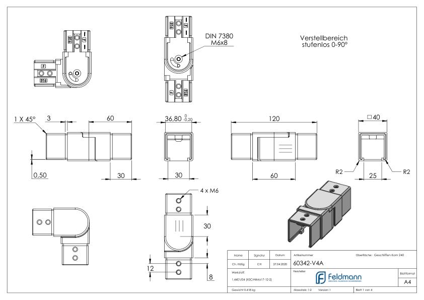 Verbinder flexibel für Quadratnutrohr 40x40mm, V4A