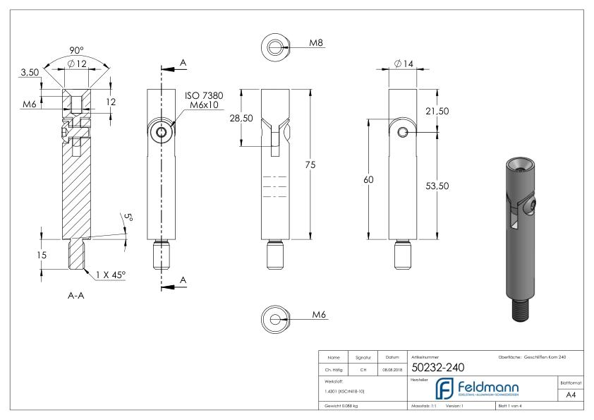 Gelenkstift Ø 14mm, L: 76mm, V2A