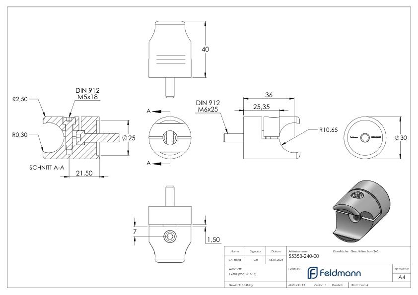 Halter für rundes Klemmprofil 21,3mm Anschluss: flach, V2A
