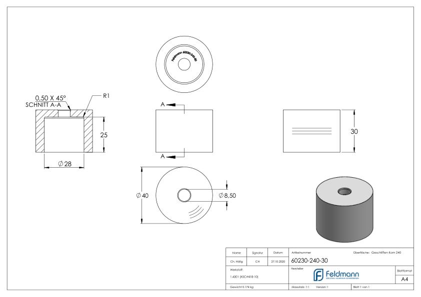 Unterteil Ø 40mm, mit Durchgangsbohrung , t: 30mm, V2A Unterteil Ø 40mm, mit Durchgangsbohrung , t: 30mm, V2A
