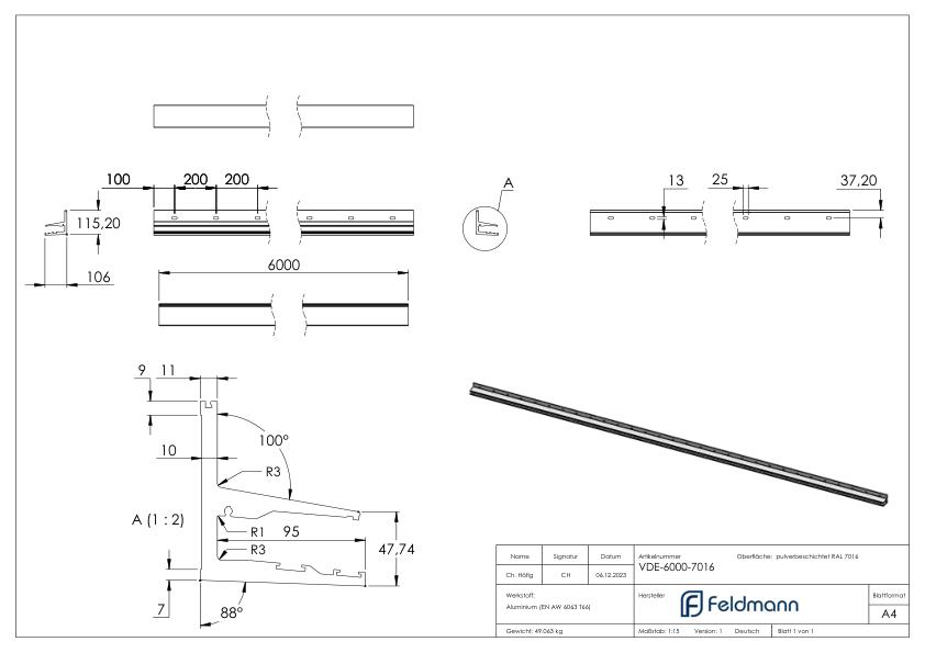 Vordachprofil eleganza canopy, L: 6000mm, RAL 7016