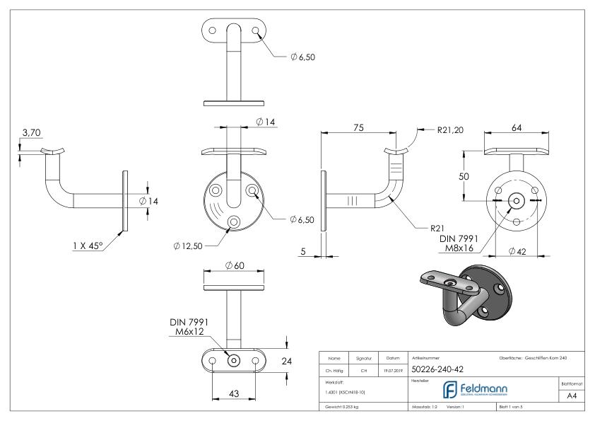 Handlaufhalter ohne Kabeldurchführung für LED Handläufe, Vollmaterial, V2A