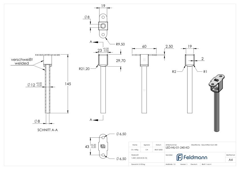 Stift mit Anschlussplatte für LED-Handlauf, hohl, V2A