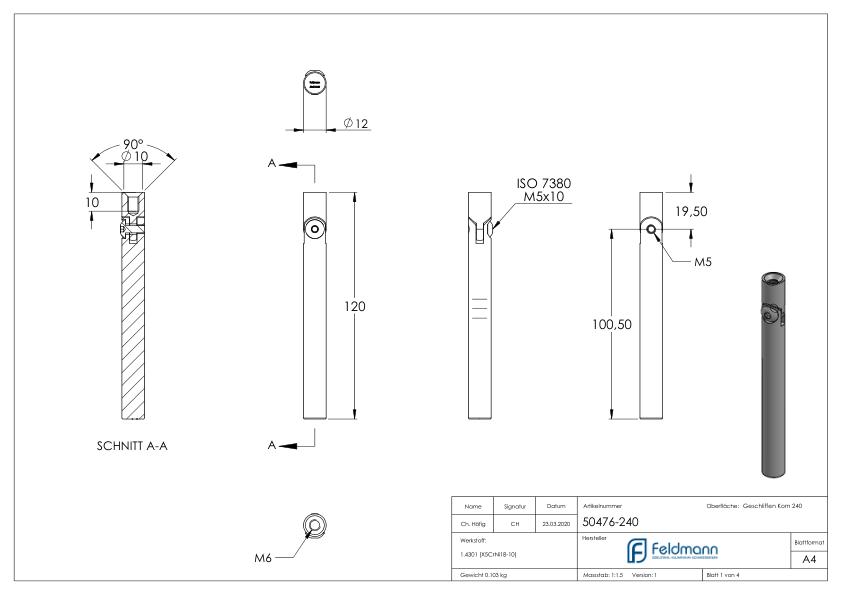 Stift Ø 12mm, L: 120mm, mit Innengewinde, V2A