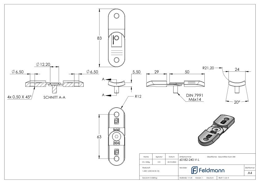 Handlaufanschlussplatte verstellbar, 42,4mm, V2A