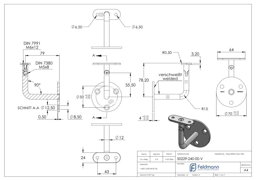 Handlaufhalter mit flacher Halteplatte
