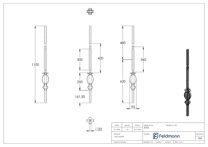Anfangsstab 25x25mm, H: 1200mm